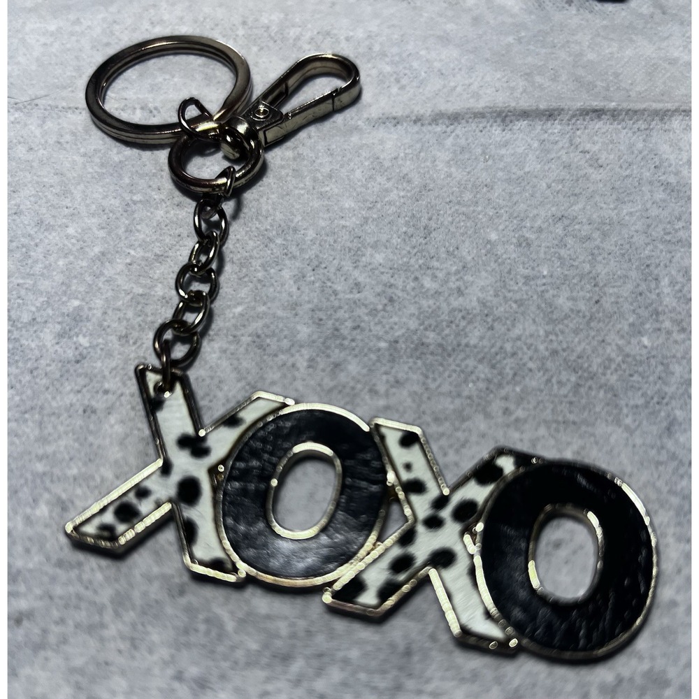 XOXO Purse Bag Charm Keychain Acrylic Dalmatian Print Gold Tone Black White